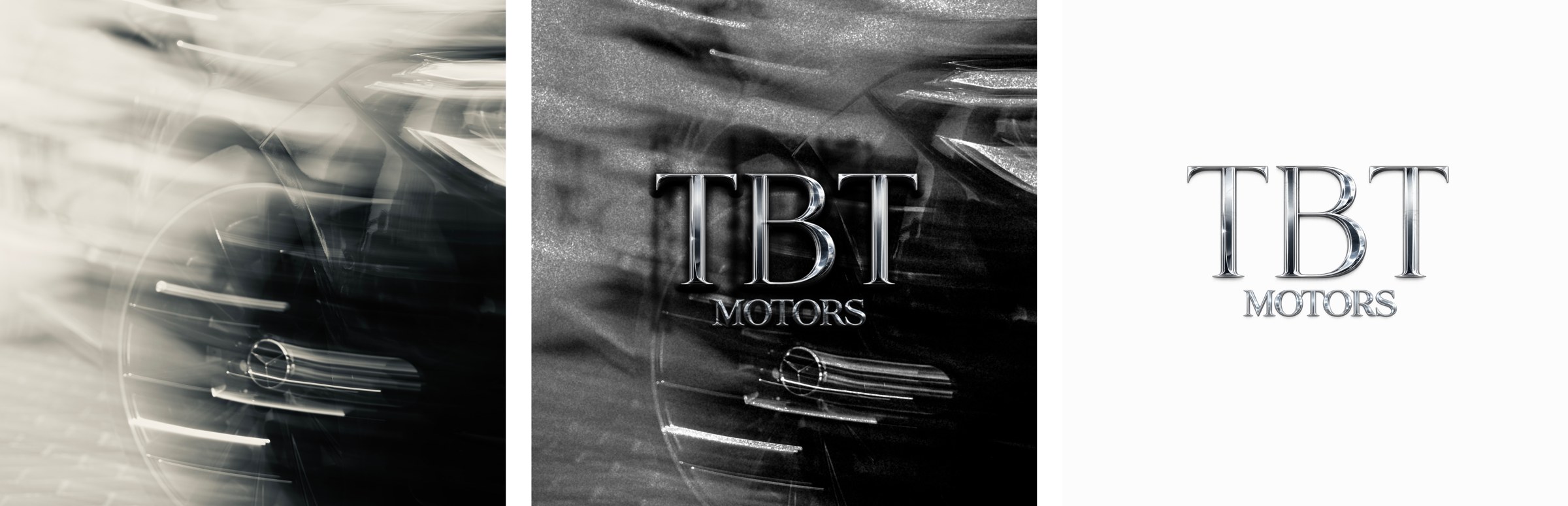 TBT Motors logo broken down: car motion photo, chrome logo on the photo, and the clean logo